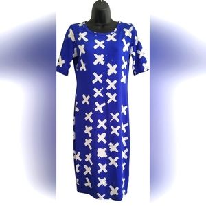 Early LuLaRose Blue Julia Dress w/ White X's, Mid Length, XS